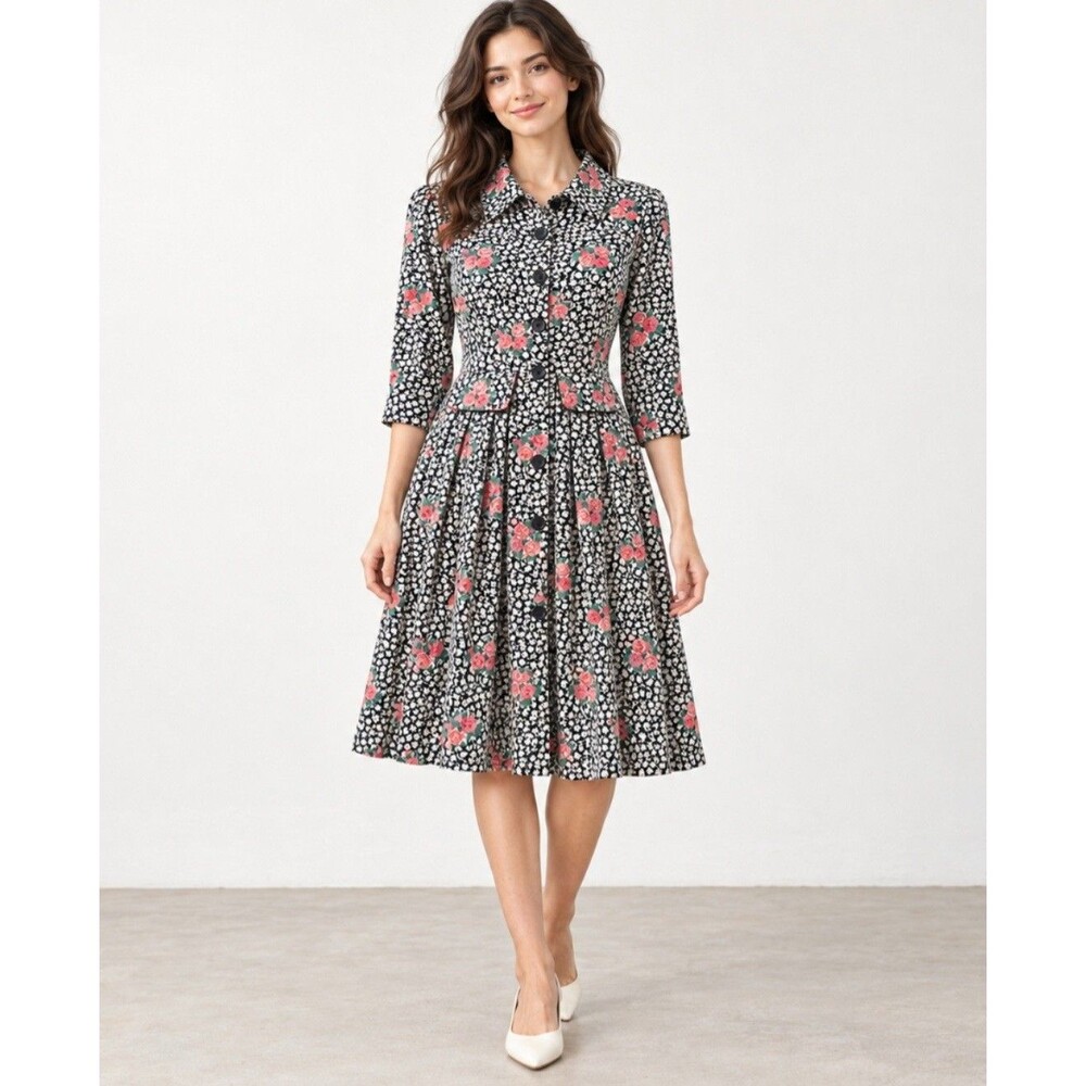 VTG Nikki Fashions Ditsy Rose Floral Midi Dress Cottagecore Romantic Cottagecore